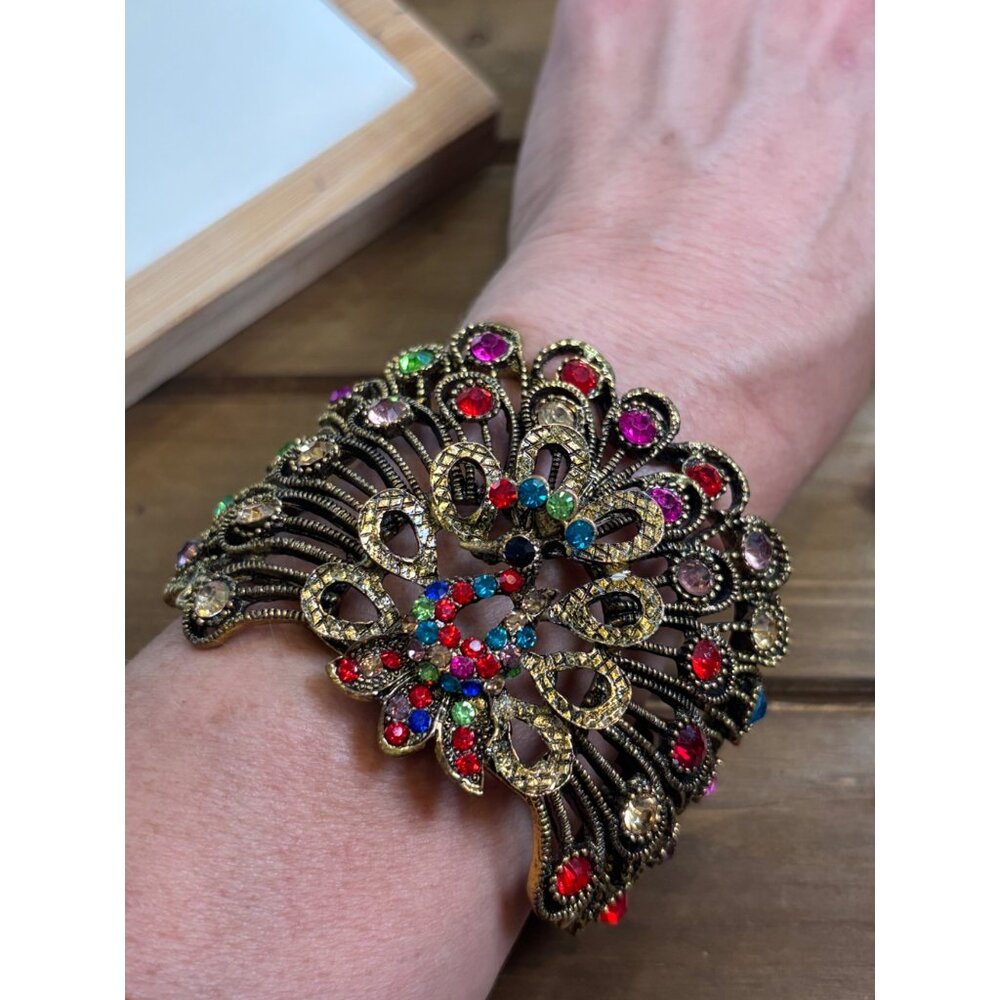 Vintage Gold Tone Multicolor Rhinestone Filigree Cuff Bracelet